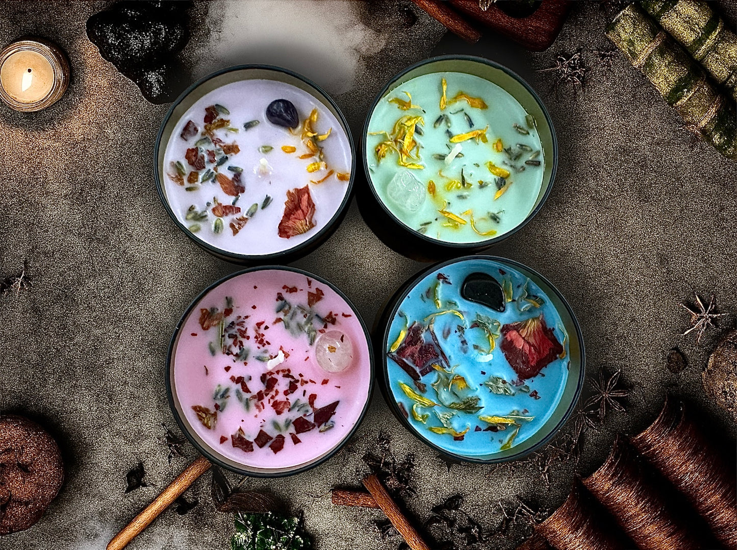 Scented Intention Candles | Crystal Tin Candles for Relaxation & Healing | 4 Scents: Vanilla, Berry, Rosemary, Lavender Eucalyptus