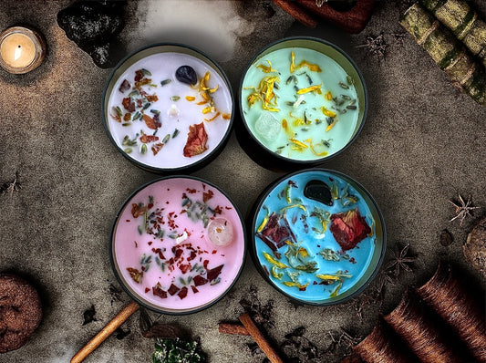 Scented Intention Candles | Crystal Tin Candles for Relaxation & Healing | 4 Scents: Vanilla, Berry, Rosemary, Lavender Eucalyptus